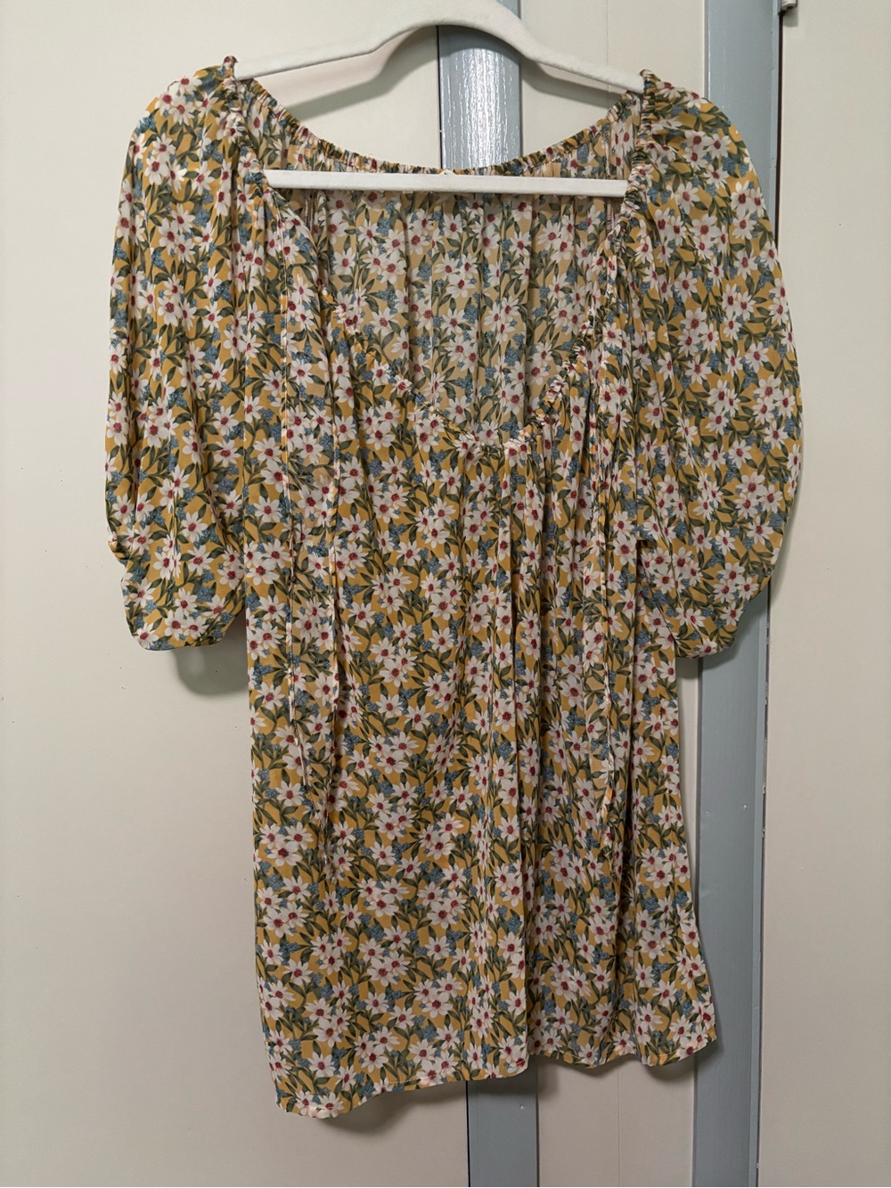POL Floral Puff Sleeve Peasant Top in Mustard, White & Pink